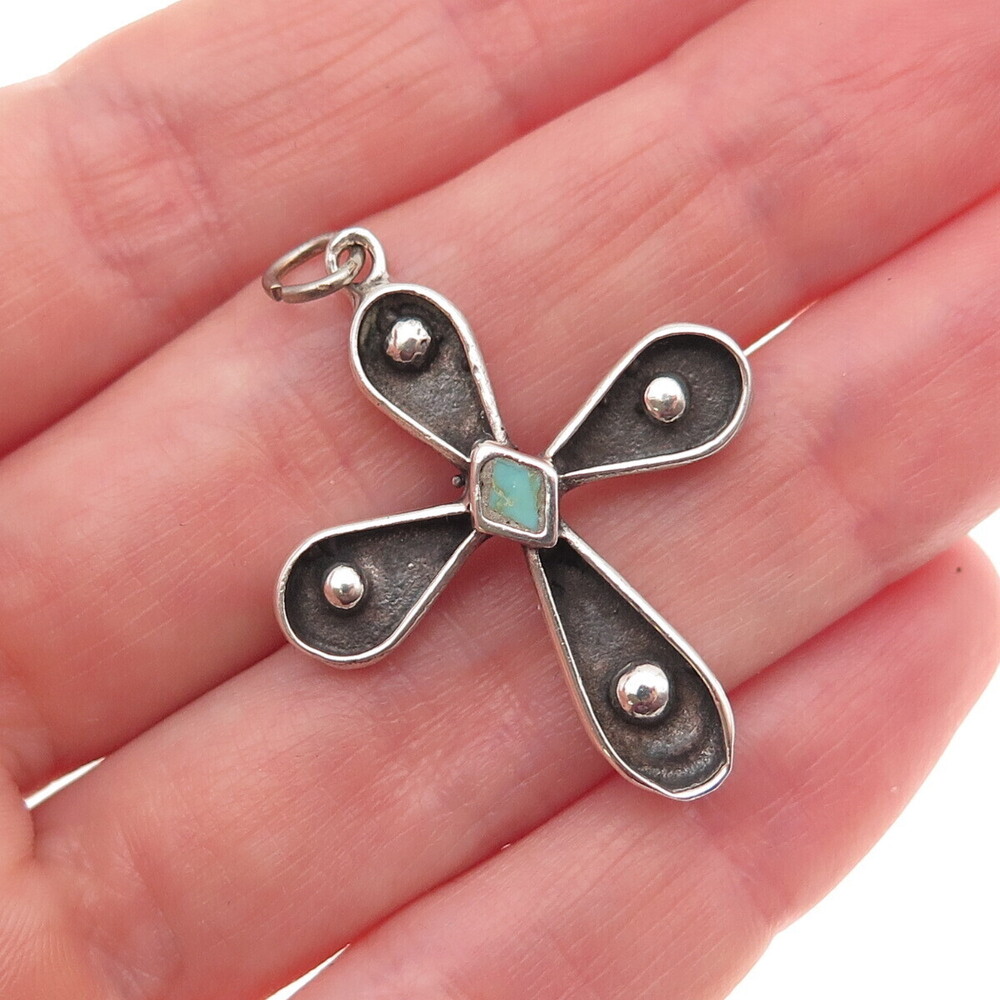 Old Pawn 925 Sterling Silver Vintage Turquoise Cross Oxidized Charm Pendant